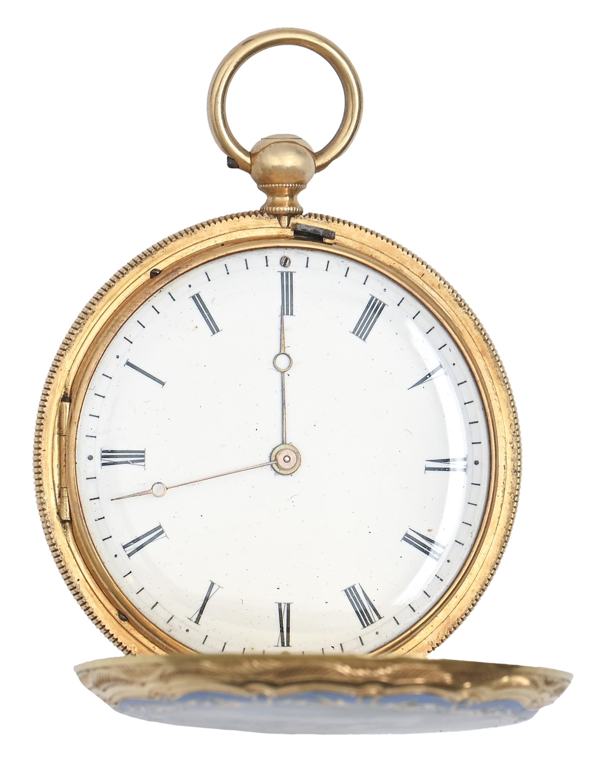 A Swiss hunting cased gold and enamel cylinder lady's watch, Lebet & Fils, 19th c,  with enamel - Image 3 of 6