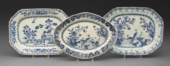 Two Chinese blue and white export porcelain dishes and a stand, late 18th c, painted with birds or