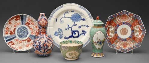 A Japanese Imari octagonal plate and double gourd vase and miscellaneous ceramics, late 19th c and