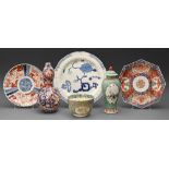 A Japanese Imari octagonal plate and double gourd vase and miscellaneous ceramics, late 19th c and