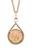 Gold coin. Half sovereign 1982 in 9ct gold pendant, on 9ct gold chain, 8.2g Good condition