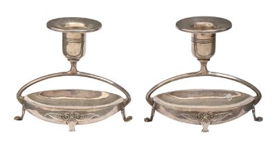 A pair of WMF plated candlesticks on bridged oval base, early 20th c, 95mm h, stamped marks and cast