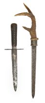 A German hunting dagger, 18th c, with associated antler hilt, 45cm l and another with spirally