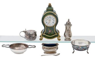 A George V silver salt cellar and pepperette, a Swiss miniature painted Neuchatel musical alarm