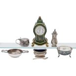 A George V silver salt cellar and pepperette, a Swiss miniature painted Neuchatel musical alarm