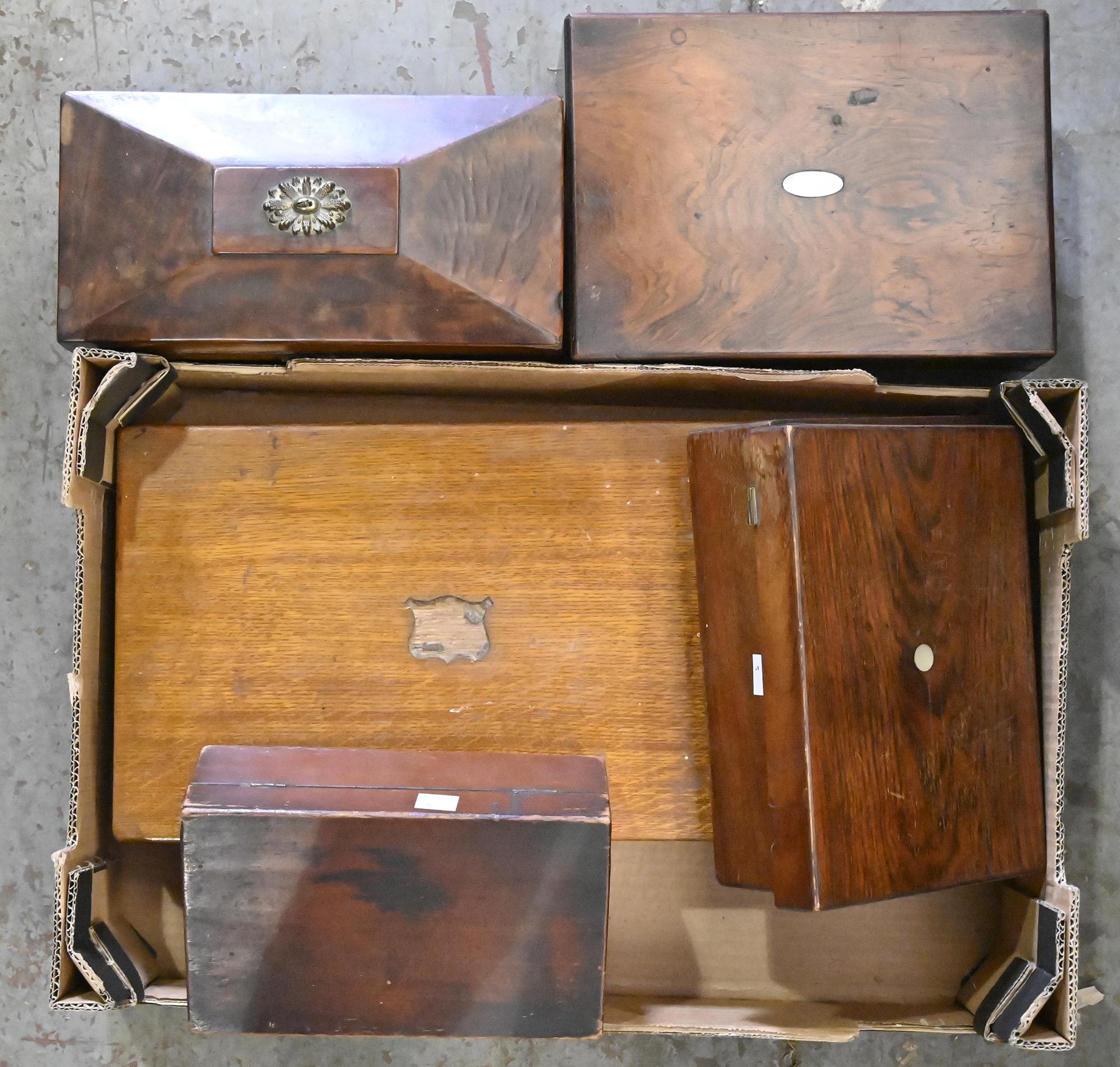 A Victorian mahogany tea caddy, a contemporary rosewood writing box and several other boxes