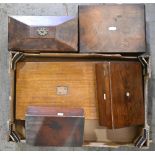 A Victorian mahogany tea caddy, a contemporary rosewood writing box and several other boxes