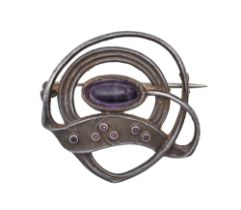 A German Jugendstil amethyst and silver openwork brooch, early 20th c, 30mm l, by Theodor Fahrner,