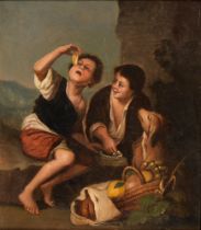 After Murillo - Two Boys Eating Fruit, a dog by their side, oil on board, 25 x 22cm Some craquelure,