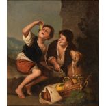 After Murillo - Two Boys Eating Fruit, a dog by their side, oil on board, 25 x 22cm Some craquelure,