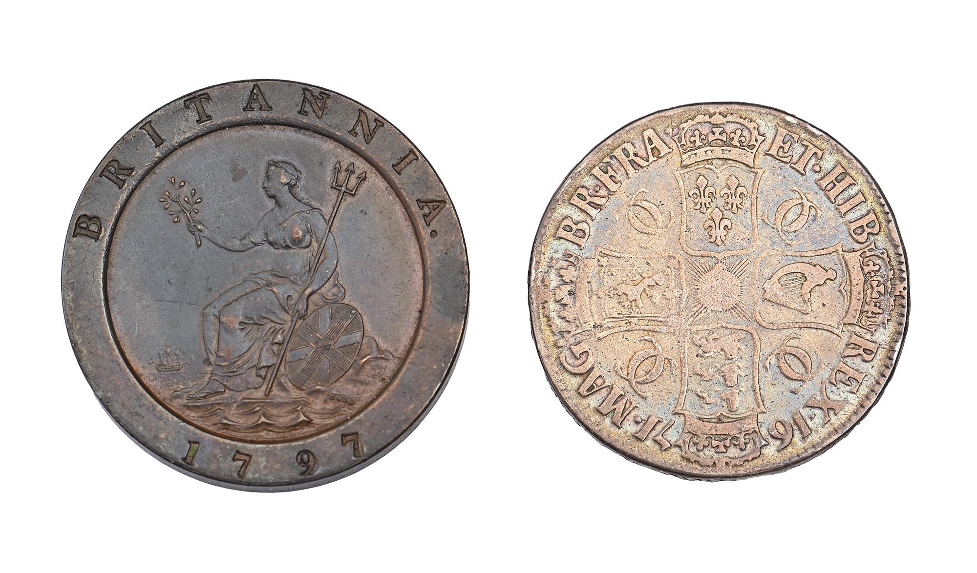 Silver coin. Charles II Crown 1671, TERTIO, early graffiti to portrait and George III copper ' - Image 2 of 2