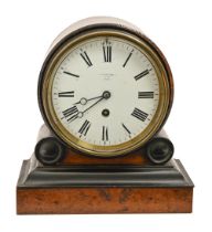 A French walnut and ebonised mantel timepiece, Klaftenberger, London, the drum cased movement on