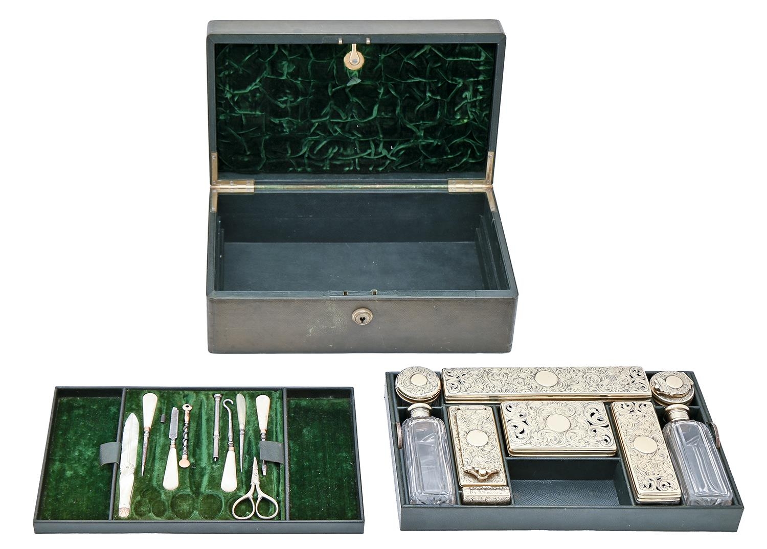 A William IV silver gilt - fitted green morocco leather dressing case, the accessories including - Image 2 of 2
