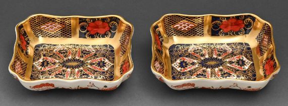 Two Royal Crown Derby Imari pattern pin trays, late 20th c, 95mm l, printed mark Undamaged, first