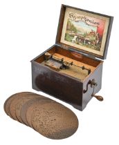 A German disc musical box, Symphonion, No 314302, to play 19.5cm metal discs, in grained rosewood
