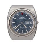An Omega stainless steel gentleman's wristwatch, Megaquartz, with blue dial, 39 x 45mm Crystal