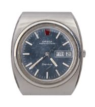 An Omega stainless steel gentleman's wristwatch, Megaquartz, with blue dial, 39 x 45mm Crystal