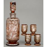 A silver electro-deposit amber glass decanter and stopper and four glasses, second quarter 20th c,