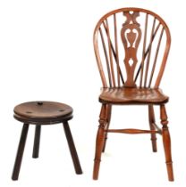 A Victorian yew and elm wood kitchen chair and a contemporary tripod stool with ash seat, 36cm h,
