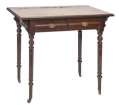 A Victorian mahogany writing table, with leather inlet top, turned legs with pottery castors, 76cm