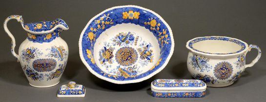 A Spode blue printed and yellow ochre enamelled earthenware Trophies-Marble pattern chamber set, mid