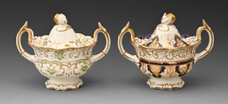 Two Rockingham sucriers and covers, c1830-1842, of single spur handle shape, decorated in cobalt