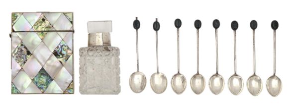 A Victorian silver and abalone card case, a silver mounted cut glass scent bottle and stopper and