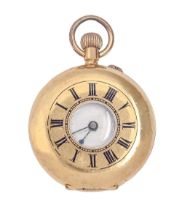 A Swiss gold keyless lever half hunting cased lady's watch, c1900, with enamel dial, base metal