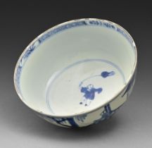 A Chinese blue and white bowl, Qing dynasty, 18th / 19th c, painted with a continuous scene with