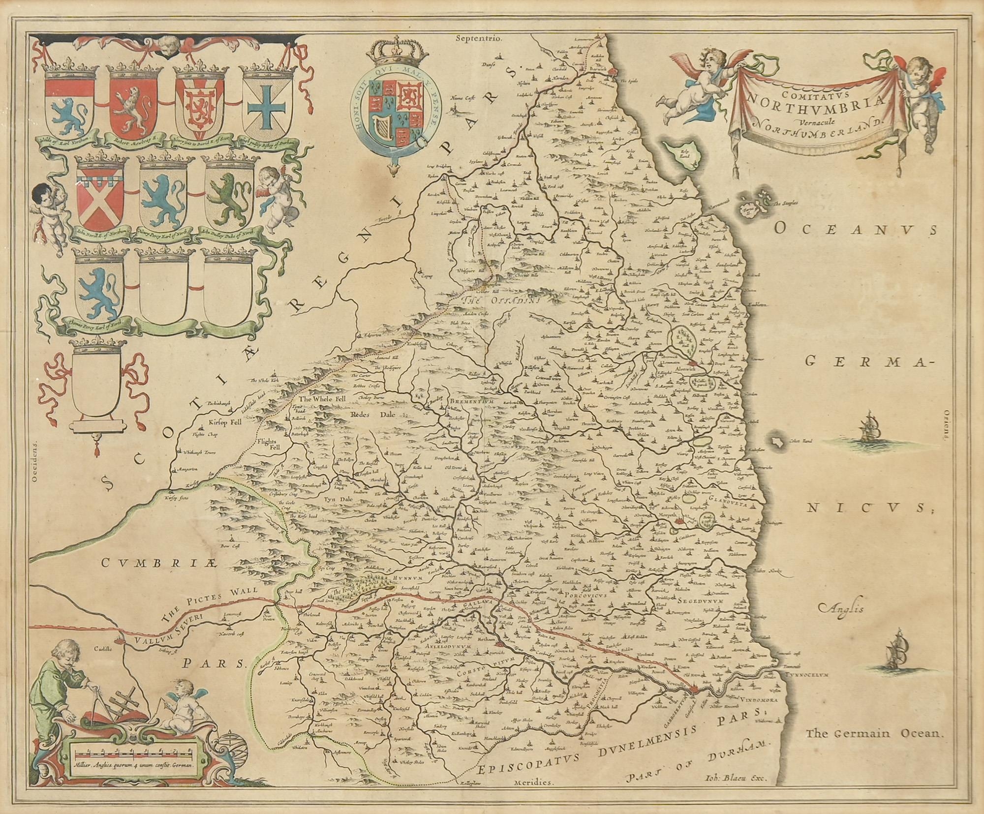 Northumberland. Joan Blaeu (1596-1673) - Comitatus Northumbria, Vernacule Northumberland, double-