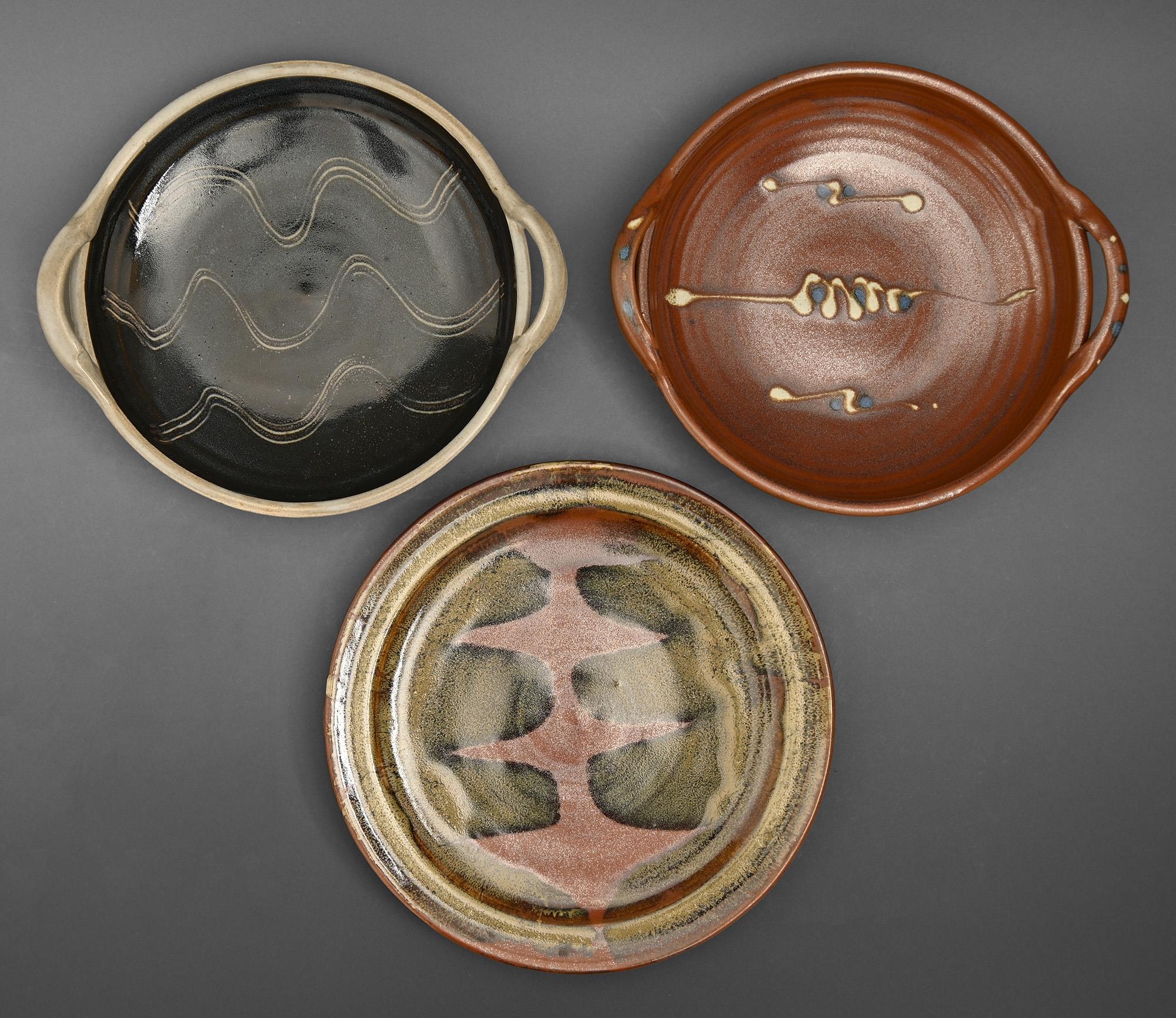 Studio pottery. Ray Finch MBE (1914 - 2012) - Plate and Two handled dishes, three, stoneware, ash or