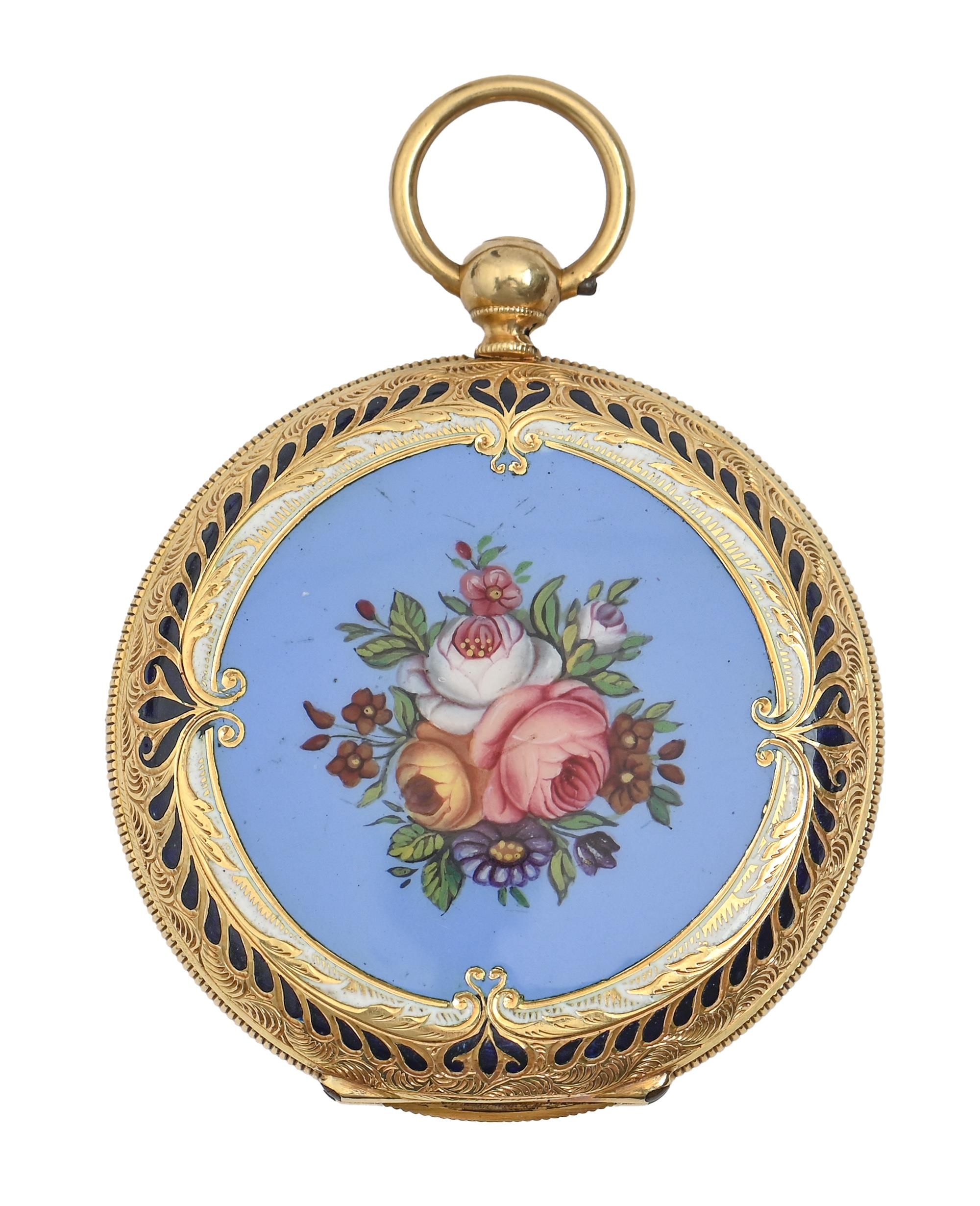 A Swiss hunting cased gold and enamel cylinder lady's watch, Lebet & Fils, 19th c,  with enamel - Image 2 of 6