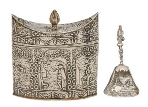 A Dutch decorative silver tea caddy, navette shaped, 90mm h, import marked B Muller & Son, London