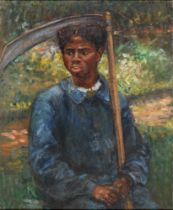 Continental School, early 20th c - Portrait of an African Child, half-length, holding a scythe,