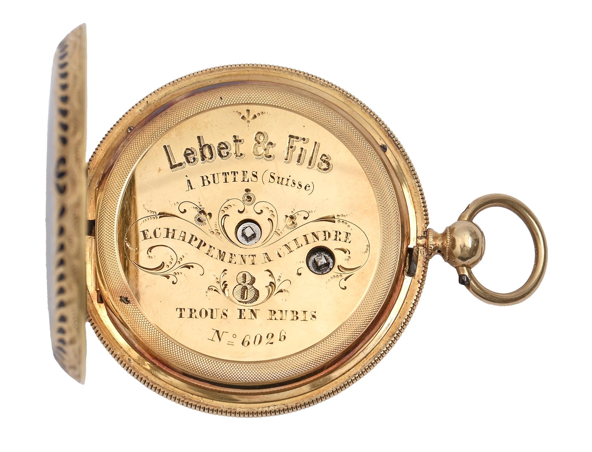 A Swiss hunting cased gold and enamel cylinder lady's watch, Lebet & Fils, 19th c,  with enamel - Image 4 of 6