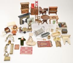 A collection of doll's house furniture, doll's house dolls and ornaments, early 20th c and later