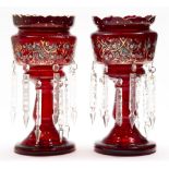 A pair of Bohemian ruby flashed, enamelled and gilt glass lustres, late 19th c, 35cm h Neck rim of