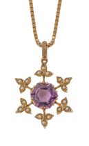 An amethyst and split pearl pendant, in gold, 25mm x 25mm, on 9ct chain, 9.6g