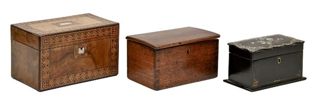 A Victorian papier mache stationery box, walnut tea caddy (gutted) and an early 19th c fruitwood