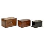 A Victorian papier mache stationery box, walnut tea caddy (gutted) and an early 19th c fruitwood