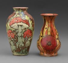 Studio pottery. Jonathan Cox (1984 - ) - Vases, two, earthenware, painted and lustred, 22 and 26cm