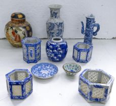 Four Chinese pierced hexagonal blue and white cricket cages and miscellaneous ceramics Condition