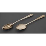An Irish George III silver straining spoon and a gravy spoon en suite, of Irish pointed Old
