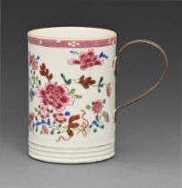 A Chinese export famille rose cylindrical mug, 18th c, with bras replacement handle, 12cm h Not