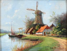 H. de Pauwels, late 19th/early 20th c - Dutch Canal Scene, signed, oil on board, 13 x 17cm Good