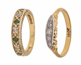 An emerald and diamond ring, in 18ct gold, Birmingham, date letter obscured and an earlier diamond