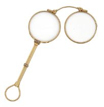 A gold lorgnette, c1900, set with split pearls, 11.5cm l, marked on bridge DIXEY 3 NEW BOND ST