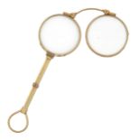 A gold lorgnette, c1900, set with split pearls, 11.5cm l, marked on bridge DIXEY 3 NEW BOND ST