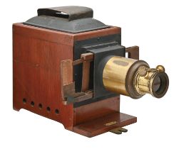 A mahogany, brass and tinplate magic lantern, c1900 Lacks illuminant