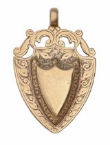 A 9ct gold watch fob shield, double sided, 42mm h, by James Walter Tiptaft, Birmingham 1919, 11g